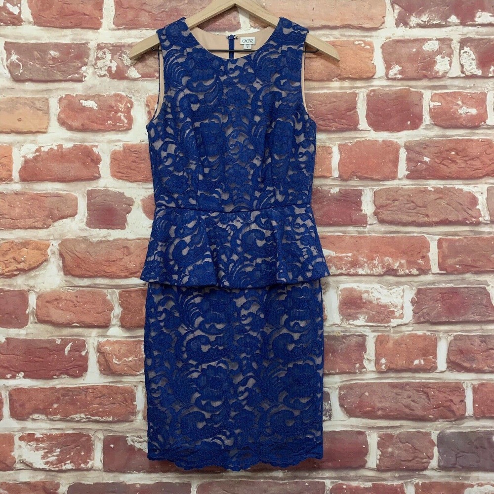 Vintage Cache Dress Women's Size 6 Blue Embroidered Floral Lace Ruffle Peplum